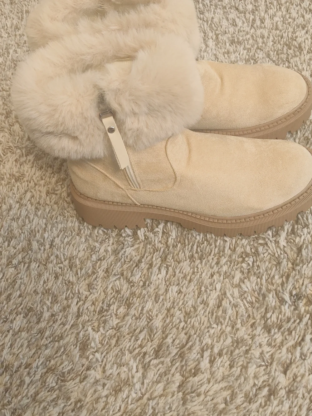 Plush Faux Fur-Trim Suede Winter Ankle Boots in Light Beige